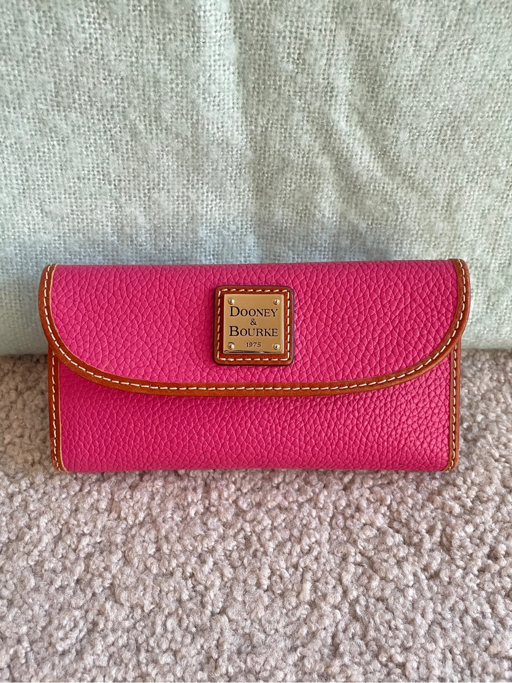 Dooney & Bourke Hot Pink & Tan Trim Pebble Grain Continental Clutch Wallet